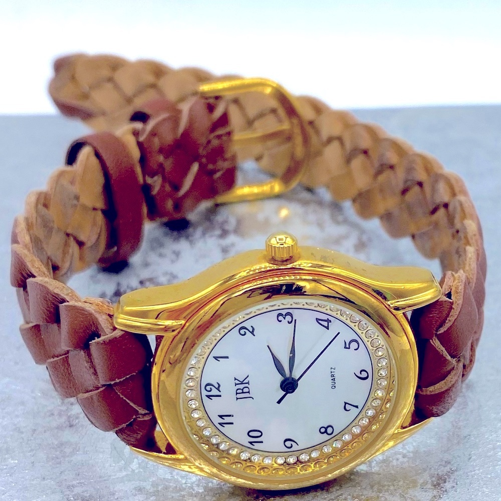 JBK Gold Watch Case With Crystals Braided Brown Leather Strap Quartz Movement